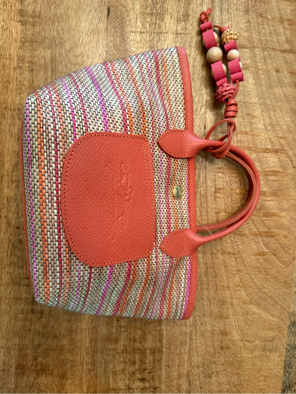 Longchamp Coral-Trim Woven Tote with Bead Tassel/ shoulder strap not included - Picture 4 of 5
